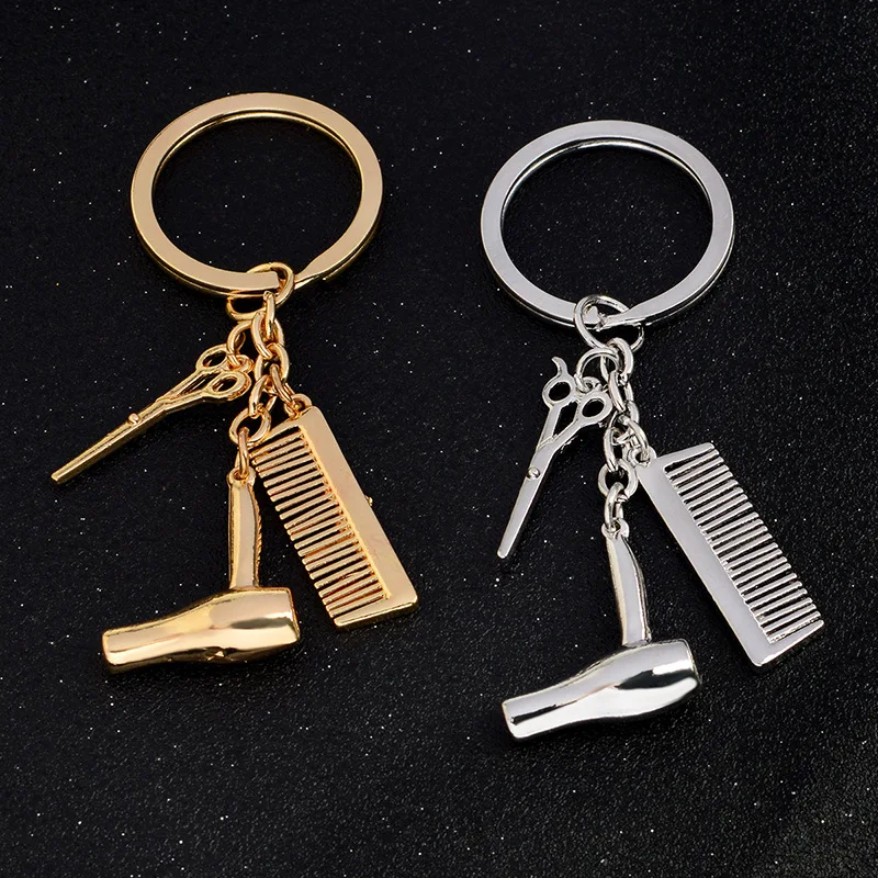 

Fashion New Personality Hairdresser Hair Dryer Combs Scissors Alloy Gold Silver Pendant Keychain Women Men Haircut Creative Gift