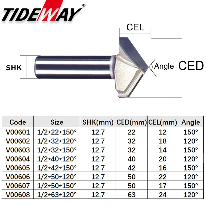 Tideway 1/" хвостовик 120 150 Deg V шлифовальный станок 3D резьба фрезы для дерева Вольфрам CNC для резьбы по дереву инструмент