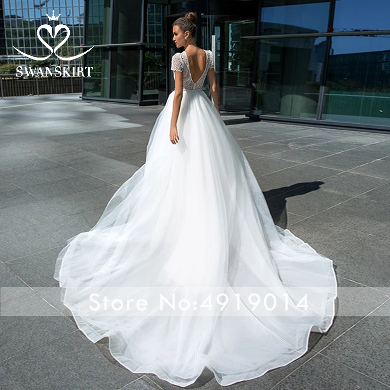 Swanskirt Бохо аппликации Съемный Поезд свадебное платье роскошный бисером короткий рукав платье для невесты принцессы robe de mariee F123