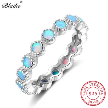

Blaike Top Quality Genuine 925 Sterling Silver Rainbow Fire Opal Ring Women Fine Jewelry Round Blue Birthstone Wedding Bands