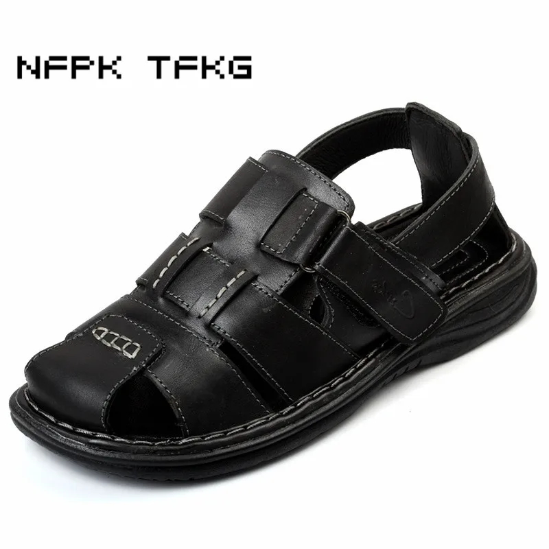 

mens leisure cow leather beach shoes covers toe summer sandals zapatos hombre home daily sandalet flats platform seaside dress