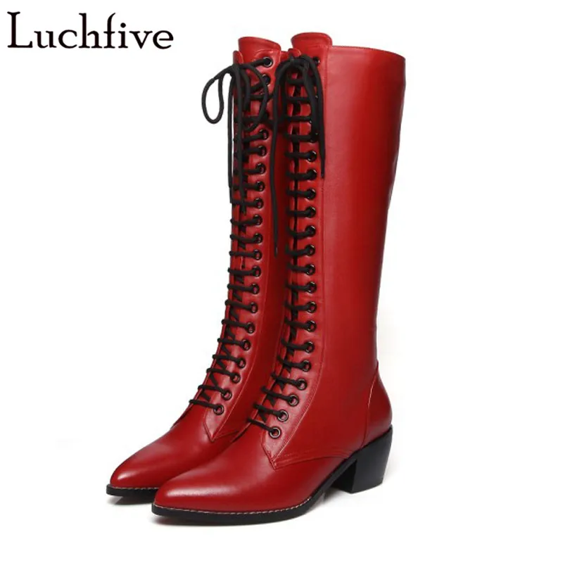 

2018 New knight knee high boots for women square high heels winter shoes red black cool motorcycle long boots ladies booties