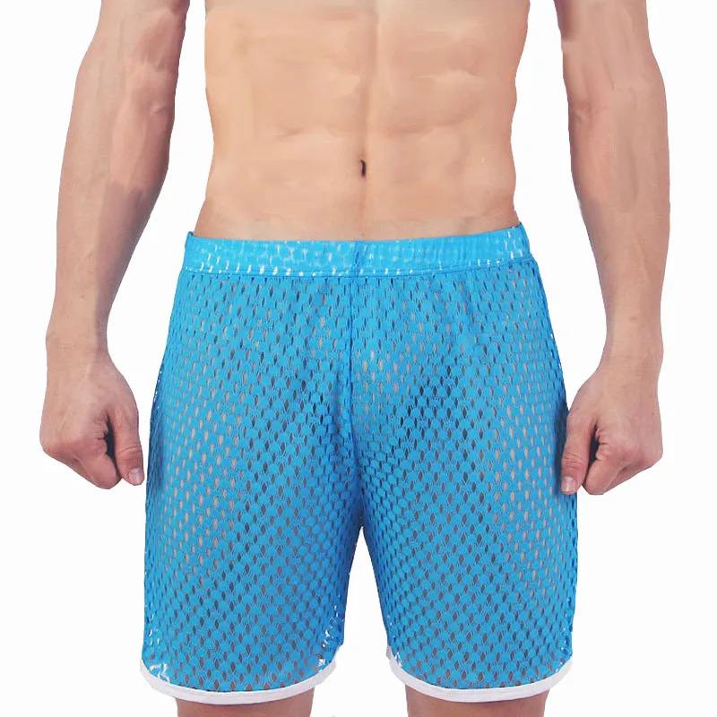 

Mesh Men Shorts Sexy Beach Board Short Mens See Through Fishnet Gay Male Stage Loose Hollow Out Blue Red Black White