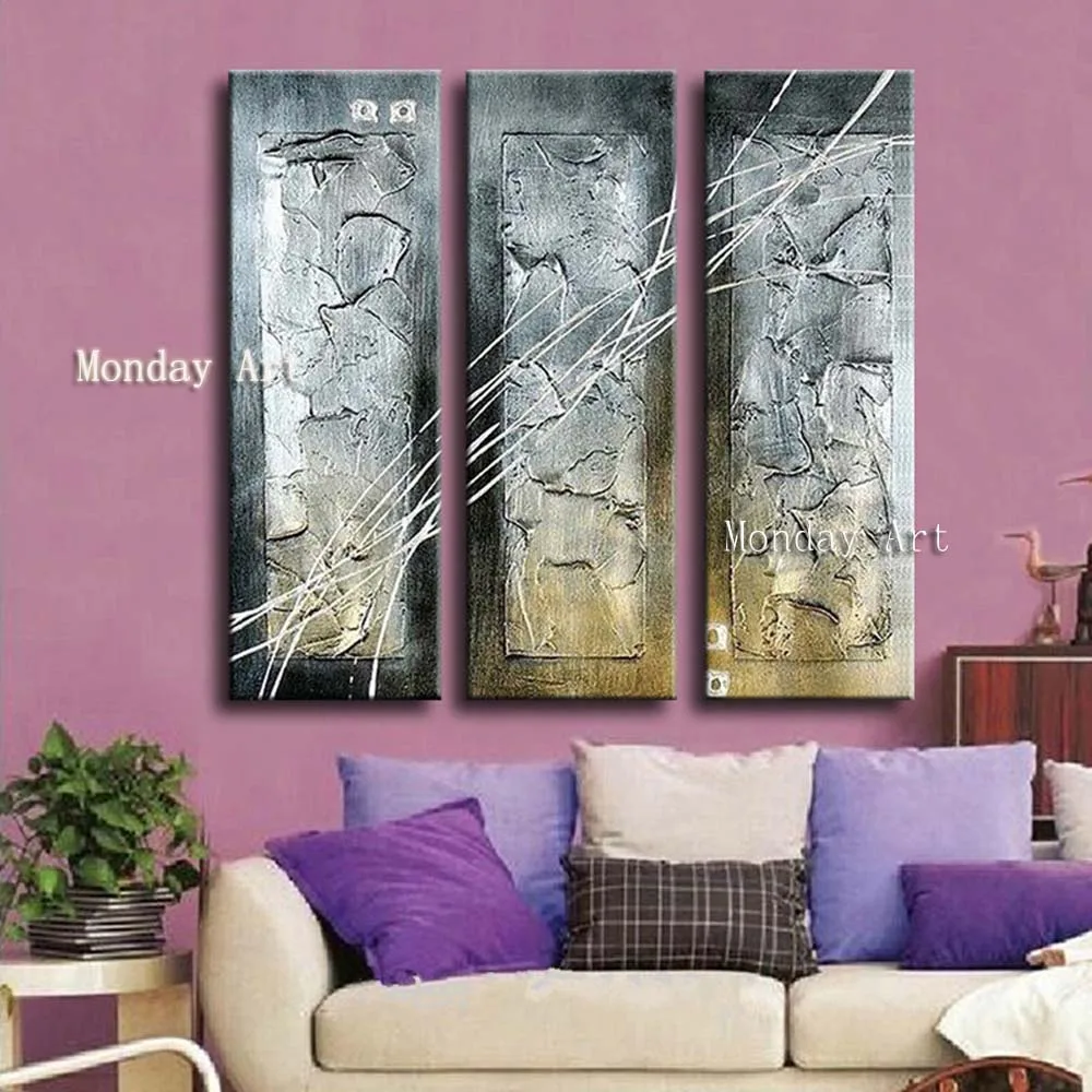 

Home Decoration 3 Piece/set 100% Hand Painted Thick black silver abstract Canvas Oil Painting Wall Art Pictures for Living Room
