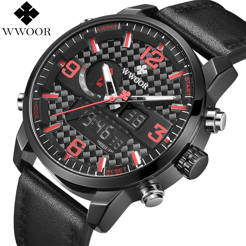 

WWOOR Mens Watches Quartz Analog LED Digital Clock Men Leather Sport Watch Luxury Brand Army Military Wrist Watch Man Wristwatch