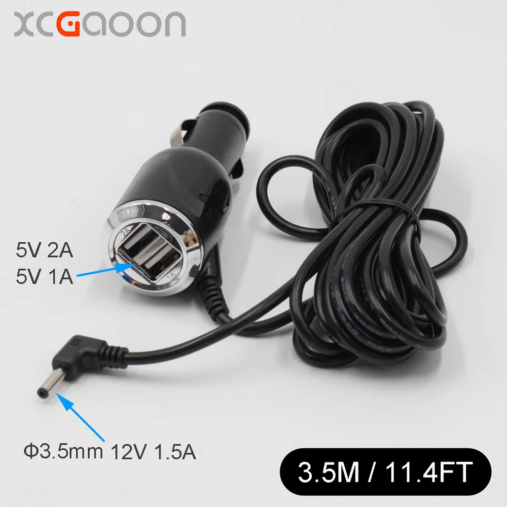 XCGaoon 3,5 մմ Port Car լիցքավորիչը մեքենայի ռադիոտեղորոշիչի / GPS մուտքի համար 12V Արդյունք 12V 1.5A 2 USB պորտ 5V 3A, մալուխի երկարություն 3.5M