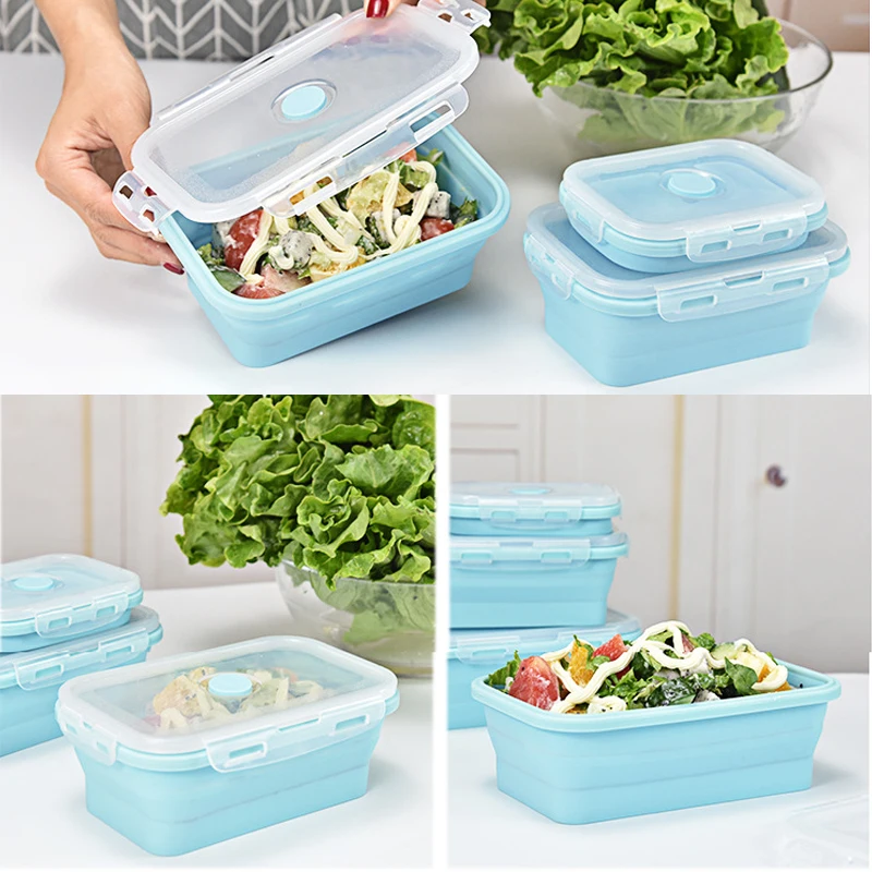 Hot Sale 4 Piece Set Blue Food Grade Silicone Lunch Box Folding Eco-Friendly Food Container Bento Box Collapsible Portable Mic