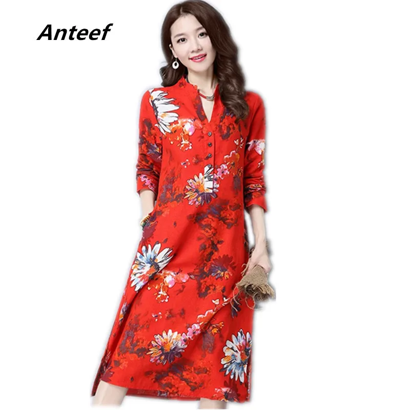 

long sleeve plus size cotton linen vintage floral women casual loose autumn spring dress elegant vestidos clothes 2019 dresses