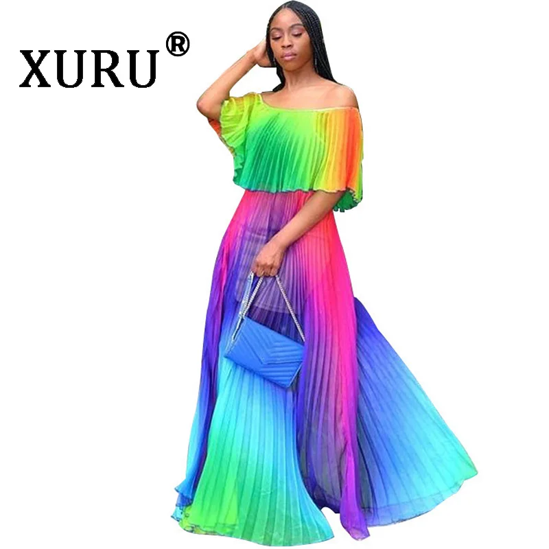 

XURU Summer New Gradient Chiffon Dress Pleated Sexy Bohemian Beach Long Dress Splicing Tie Dye Print Dress
