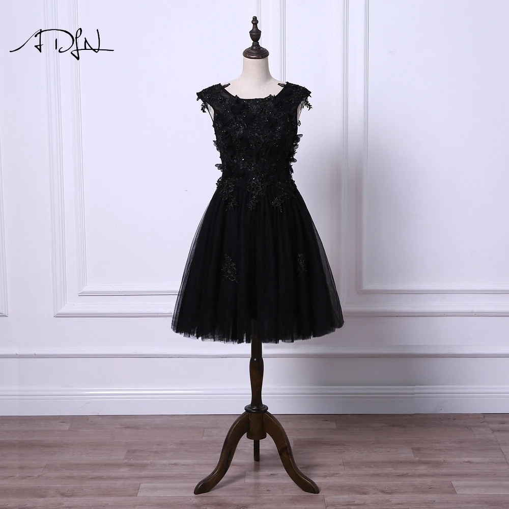 ADLN маленькие черные платья Vestido de Coctel Элегантный Совок Тюль А-силуэт цвета слоновой кости коктейльное платье с цветами короткое платье для