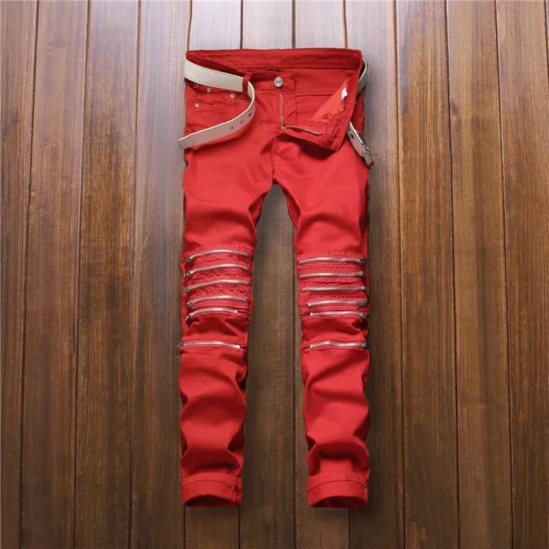 Mens Knee Zipper Jeans red Destroyed 