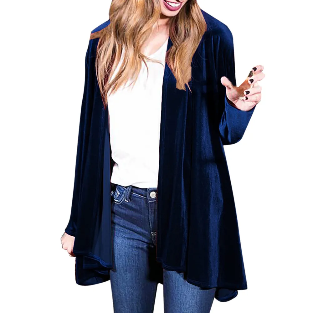 

Women Solid Regular Frill Slim Fit Long Sleeve Peplum Velvet Coat Cardigan
