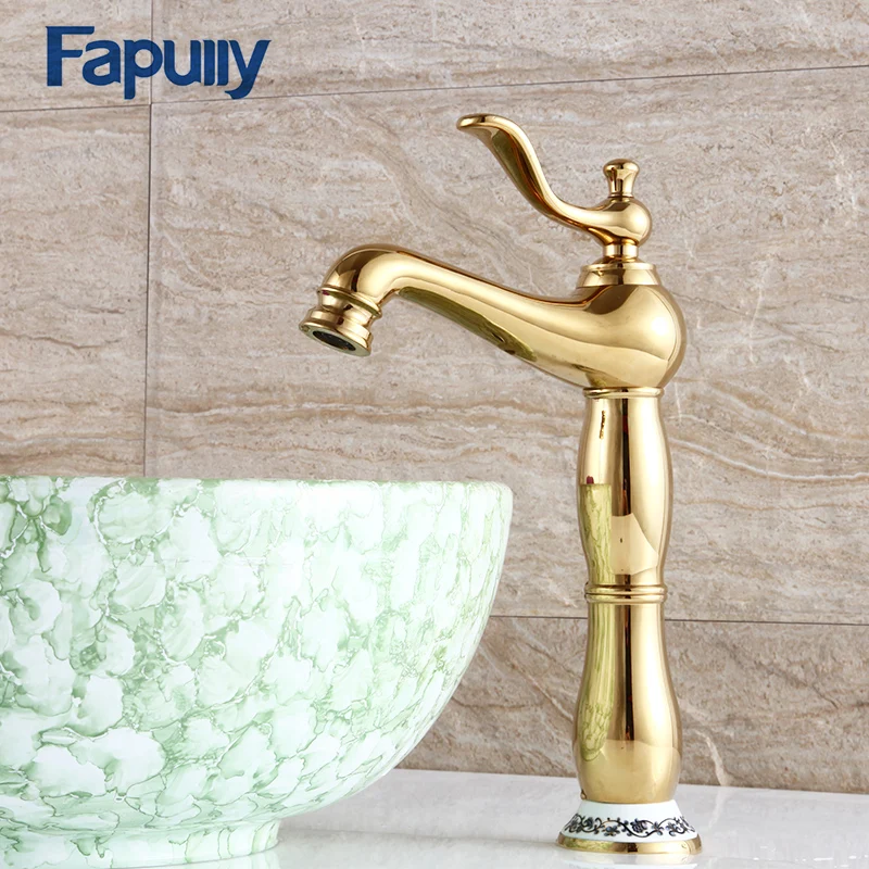 

Fapully Designed Basin Gold Bathroom Faucet Ceramic Base Single Handle Deck Mounted Tall High Mixer Water Tap 555-22G