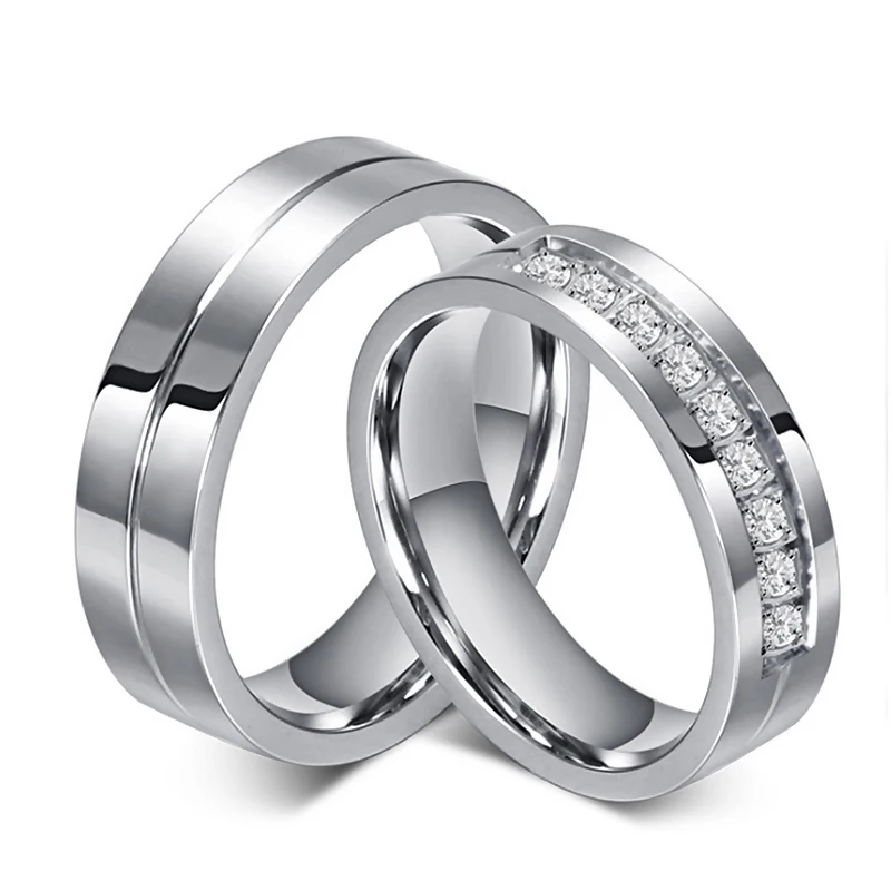 

Silver Color Wedding Ring Lovers Cubic Zirconia Rings for Men Women Engagement Jewelry Stainless Steel Girlfriend Gift