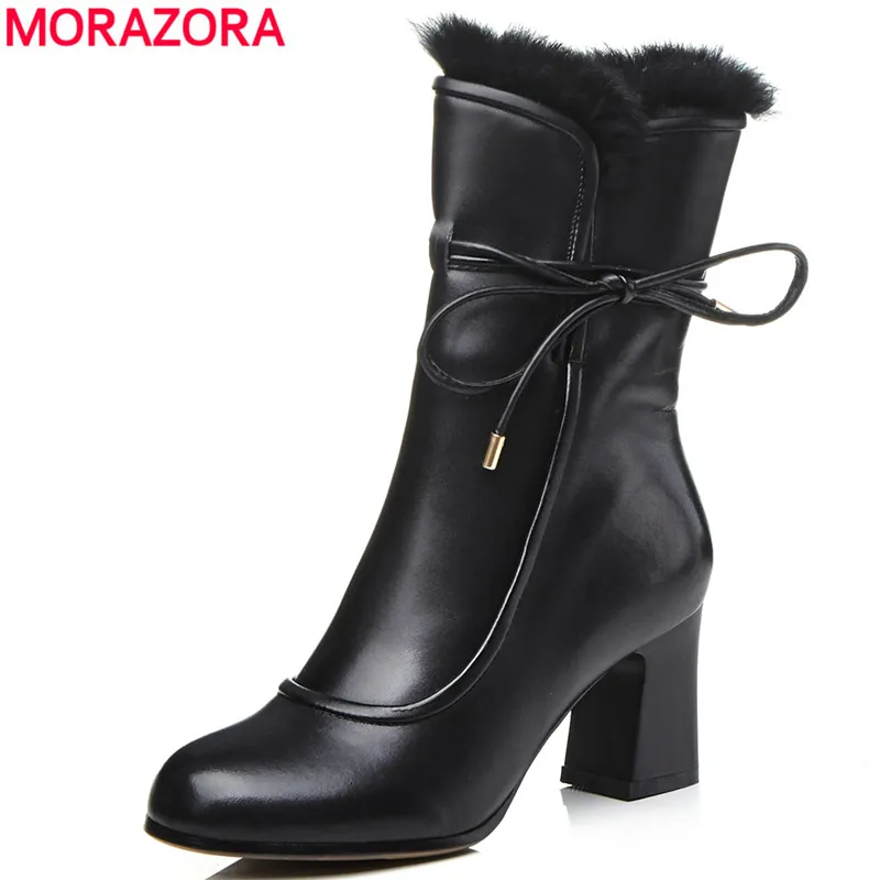 

MORAZORA 2020 hot sale ankle boots for women genuine leather boots lace up warm winter boots thick fur high heels shoes ladies