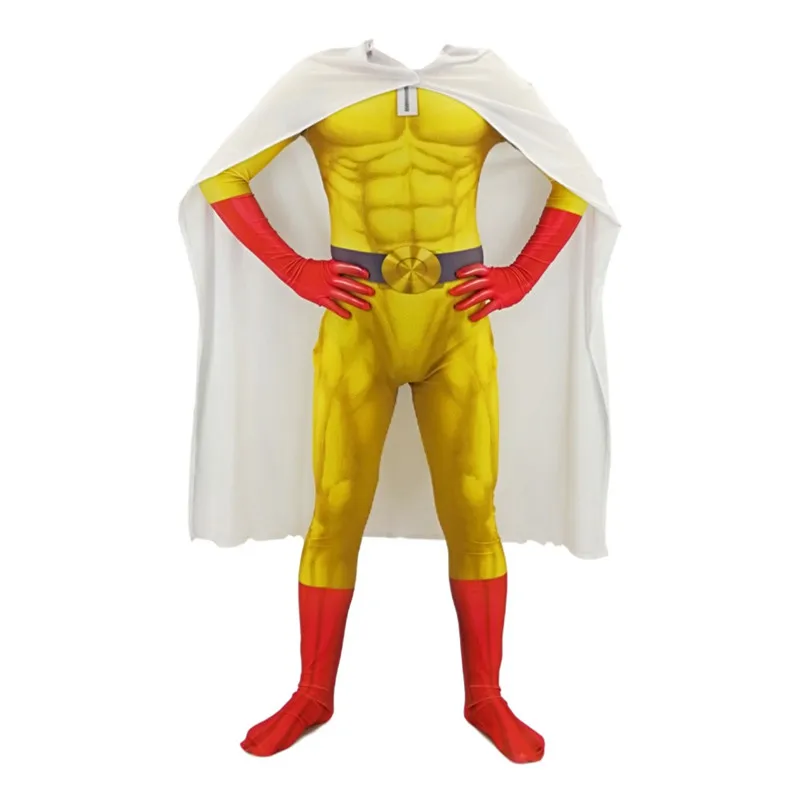 Ainclu Mens Boys ONE PUNCH MAN Cosplay Costumes Super hero Saitama Cosplay Bodysuit Halloween Jumpsuits Outfits with Cloak/Cape