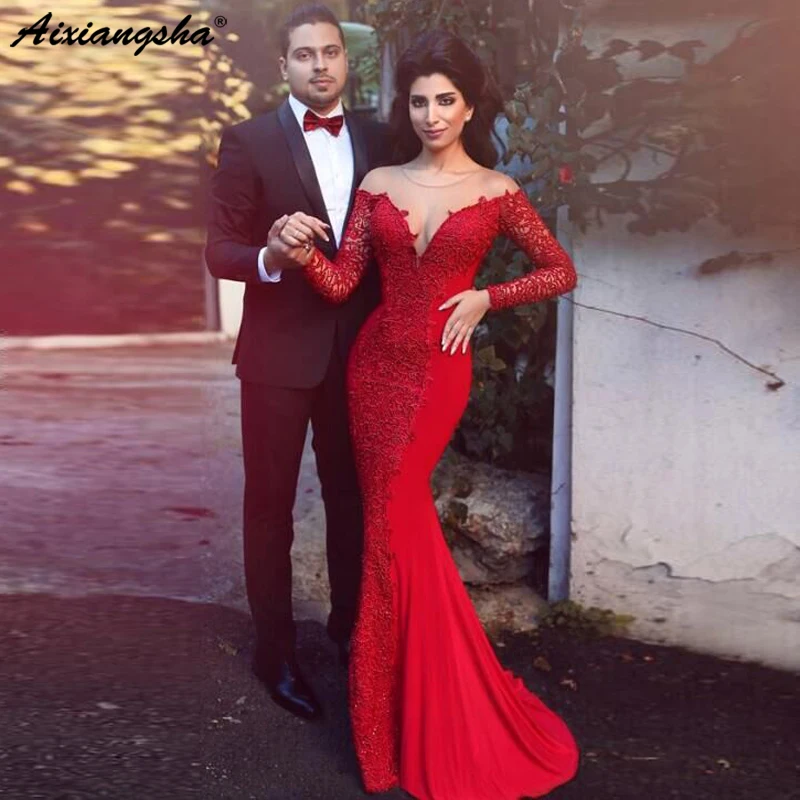 Красное Кружевное платье-Русалка с длинным рукавом, платье для матери, Формальное прозрачное сексуальное вечернее платье, vestido de madrinha, платья для матери невесты