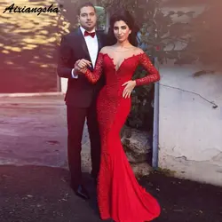 Красное Кружевное платье-Русалка с длинным рукавом, платье для матери 2019, Формальное прозрачное сексуальное вечернее платье, vestido de madrinha