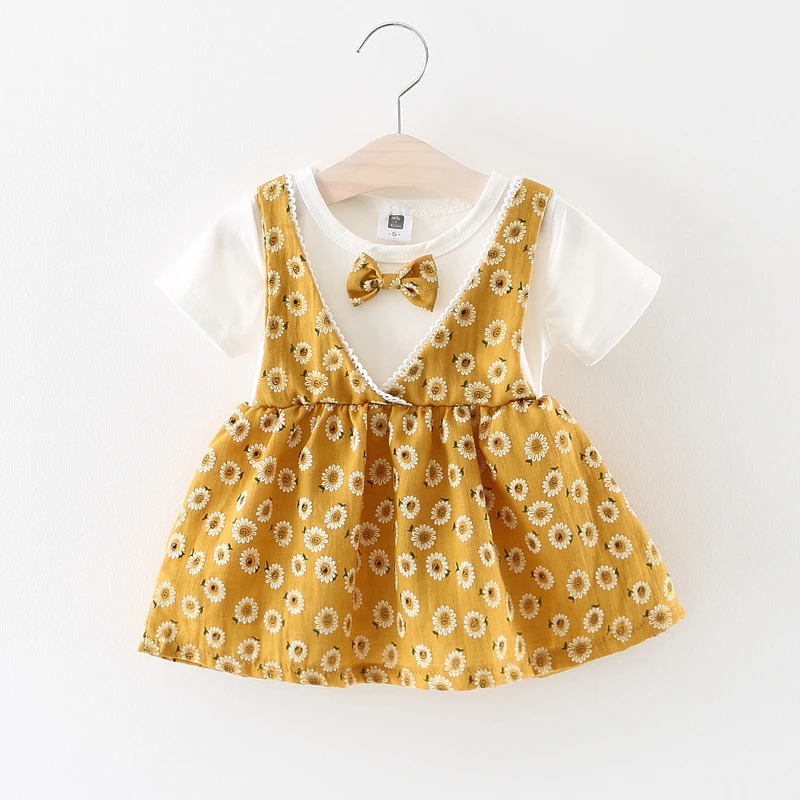 

Summer Baby Dress Imitated Two Pieces Floral Print Short Sleeve Bow Cotton Toddler Dresses Kids Clothing