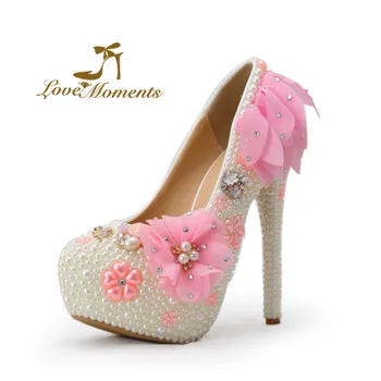 

Love Moments bridal shoes Ivory Pearl with Pink Appliques Princess Wedding Dress Shoes Custom Made Adult Ceremony Pumps Size 9
