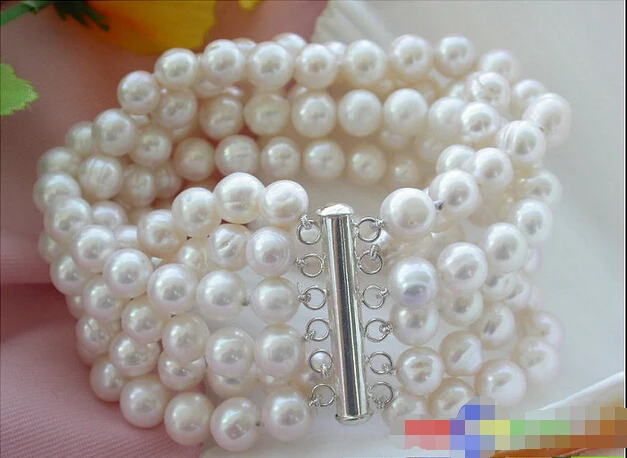 

p2280 6ROW 8MM WHITE ROUND FRESHWATER CULTURED PEARL BRACELET @^Noble style Natural Fine jewe SHIPPING new >>free shipping