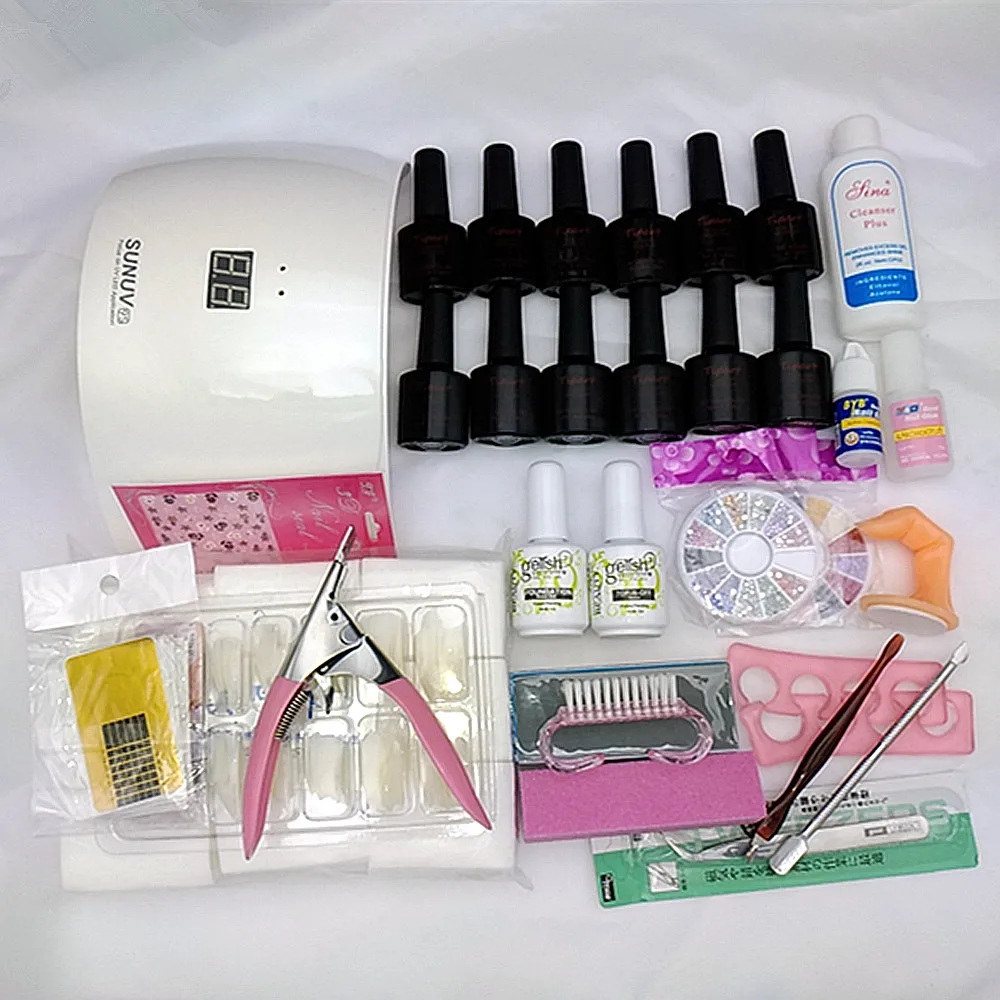 

33PCS Sun 9S 24W UV Lamp Gel 12 Colors UV Gel Nail Art Tools polish Set Kit Manicure Top coat & Foundation base nail kits