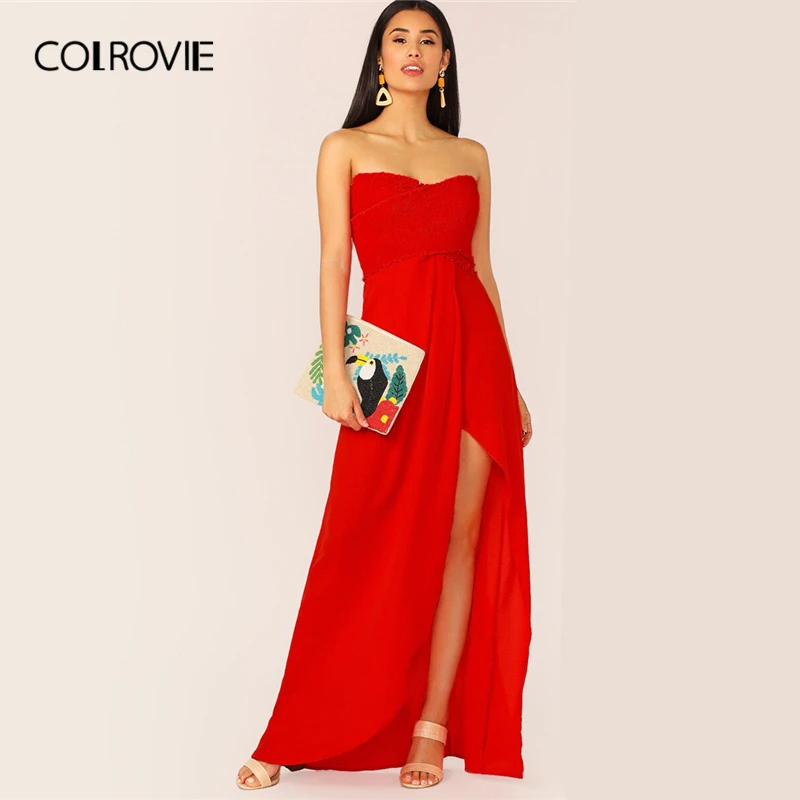 

COLROVIE Red Frill Wrap Shirred Bodice Split Thigh Tube Party Maxi Dress Women 2019 Summer Sleeveless Glamorous Ladies Dresses