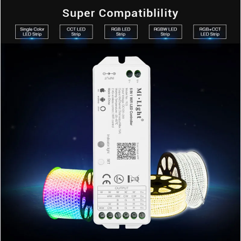 

Milight YL5 2.4G 15A 5 in 1 WiFi Amazon Alexa Voice wi fi LED Controller 12v24v Monochrome CCT RGB RGBW RGB + CCT LED Strip