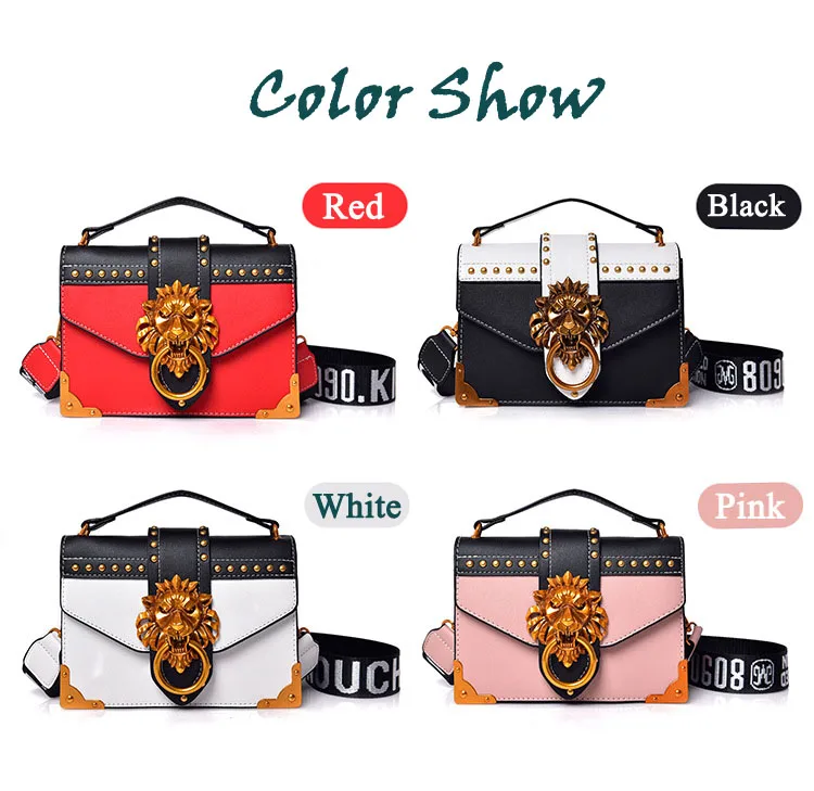 2018 Female Brand PU leather messenger bag for women Luxury Rivet Handbag Girls CrossBody Shoulder Satchels With Metal Lion Lock (4)