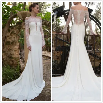 

BacklakeGirsl 2019 Newest Custom Made Sexy Mermaid Satin Wedding Dresses Unique Design With Long Lace Sleeves Court Ttrain