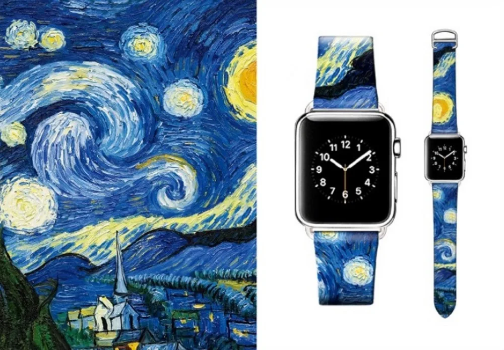 Художественный напечатанный кожаный ремешок Van Gogh для Iwatch, ремешок серии 5, 4, 3, 2, 1, цветочный ремешок для Apple Watch, ремешок 40 мм, 38 мм, 44 мм, 42 мм