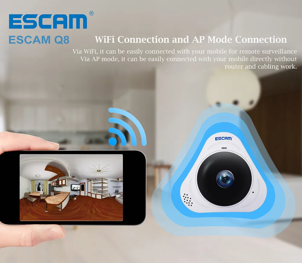 ESCAM Q8 HD 960P 1.3MP 360 градусов панорамный монитор рыбий глаз wifi ИК Инфракрасная камера VR камера с двухсторонним аудио детектором движения