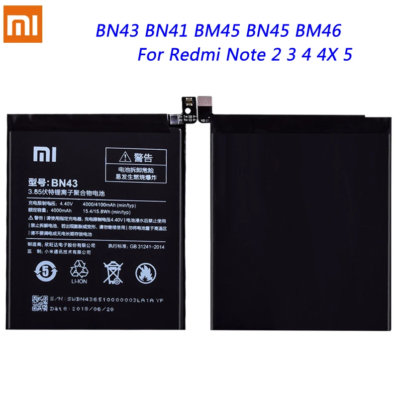 

BN43 BN41 BM45 BN45 BM46 Battery For Xiaomi Redmi Note 5 4 4X 3 2 Hongmi Note4 Note3 Note2 Replacement Lithium Polymer Bateria