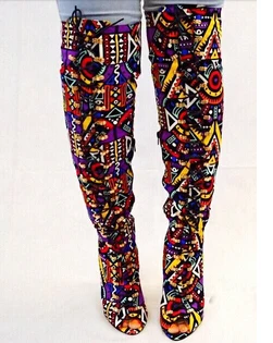 Г. Пикантные женские высокие сапоги до бедра с принтом в народном стиле женские ботфорты на высоком каблуке со шнуровкой, с открытым носком, Разноцветные Высокие Сапоги В рыцарском стиле
