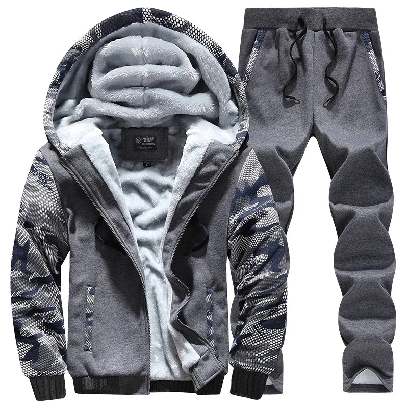 

2019 New Winter Inner Fleece Hoodies Men Set Casual Hooded Warm Sweatshirts Male Thick Tracksuit Jacket+Pant Men Brand Clothing