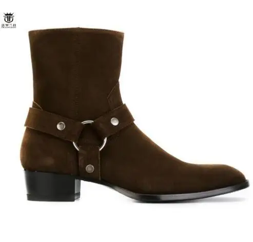 Hot FR.LANCELOT Brand Luxury Quality Darker Brown Suede Buckle Strappy Chelsea Boots Men Ankle Flats Boots