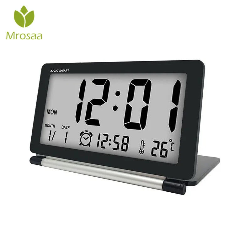  Hot Electronic Alarm Clock Travel Clock Multifunction Silent LCD Digital Large Screen Folding Desk 