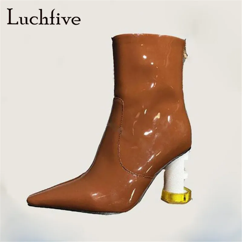 

Hot Strange high heels winter boots women genuine leather pointy toe short boots black brown back zipper shoes woman