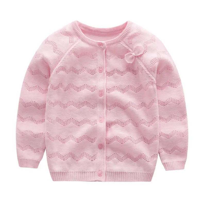Hollow Out Cardigan Baby Girl Toddler Kids Knitting Sweater Bowknot Round Collar Outfit Coat Cotton Soft Comfortable Pullover Sweet Princess