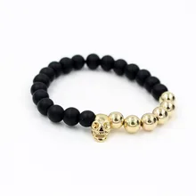 Fashion Gold Color Mens Skull Head Elastic Bracelet Black Matte Energy Stone Buddha Bead Charm Bracelet Jewelry Christmas Gift
