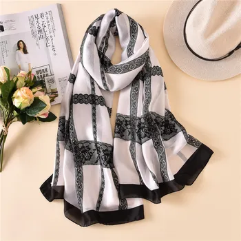 

2019 Brand Designer Silk Scarf Women Luxury Lace Chain Scarves Wrap and Shawls Plus Size Female Beach Stole Foulards Hijab Snood