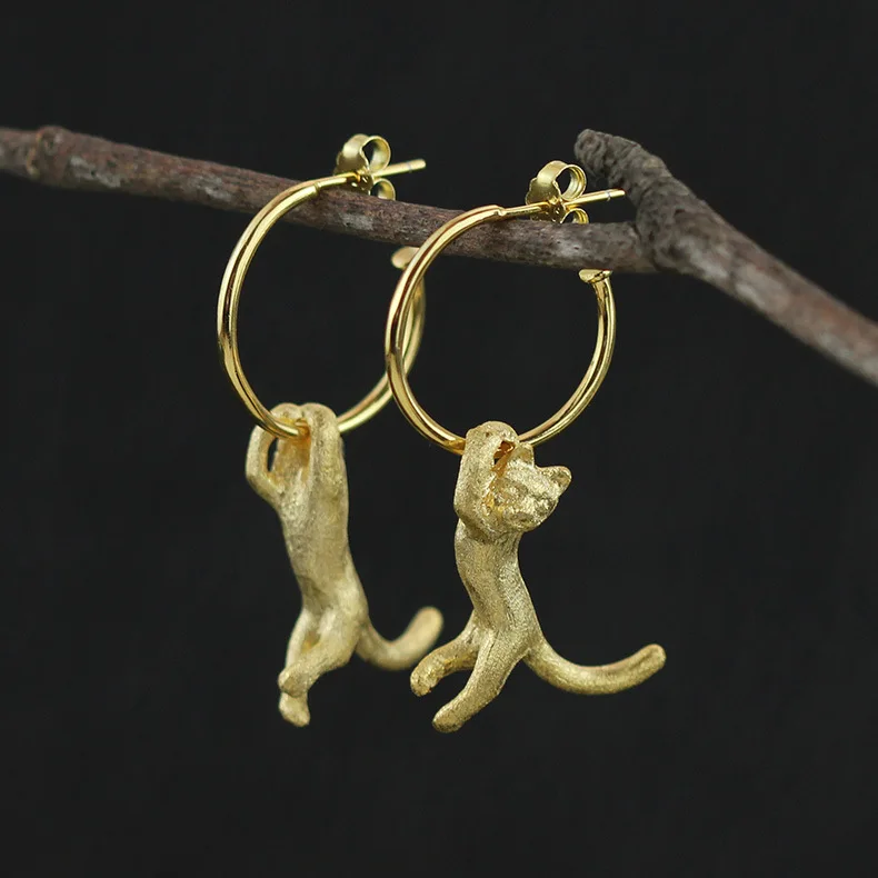 

CMAJOR Designer 925 Sterling Silver Gold Plated Matt Kong Fu Cat Hoop Earrings Women Girls Original Fine Jewelry Wholesale