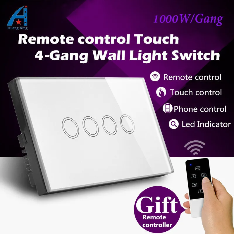 

AU/US Standard, New 1000W Crystal Glass Panel wireless remote control light switch, 4 Gang 1 way 240V Touch Switch Wall Swtich