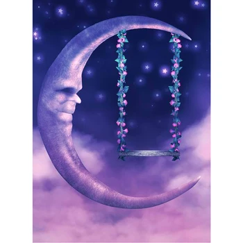 

Colorwonder Photography Background Purple Moon with Face and Flower Chair 5x7ft Twinkle Twinkle Stars Night Sky Vinyl Backdrop