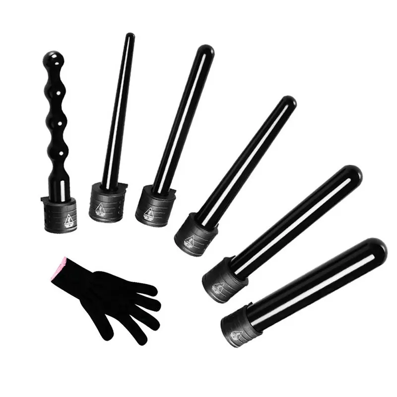 

6 in 1 Interchangeable Hair Curling Iron Machine Ceramic Hair Curler Multi-size Roller Heat Resistant Glove Styling Set