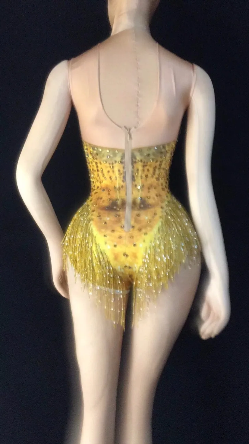 Gold Tassel Glisten Rhinestones Unique Bodysuit Women's Prom Party Wear Nightclub Singer Dancer Show Outfit Sexy Stretch Leotard