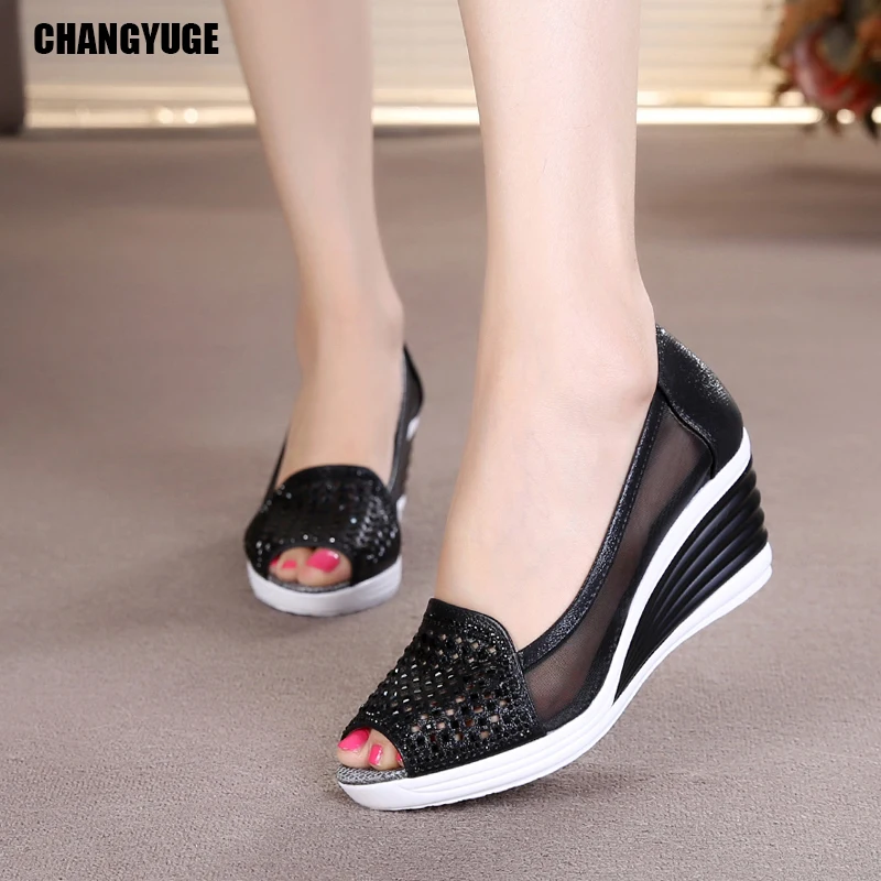 

CHANGYUGE 2019 Summer New Fish Mouth Wedge Sandals Women's Shoes Rhinestones Ol Hollow Net Shoes