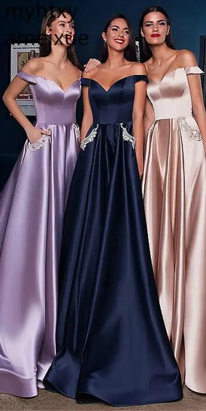 

2019 Sexy Cheap Evening Dress Simple Satin A-line Elegant Prom Sweetheart Off The Shoulder Appliques Floor Length Custom Made