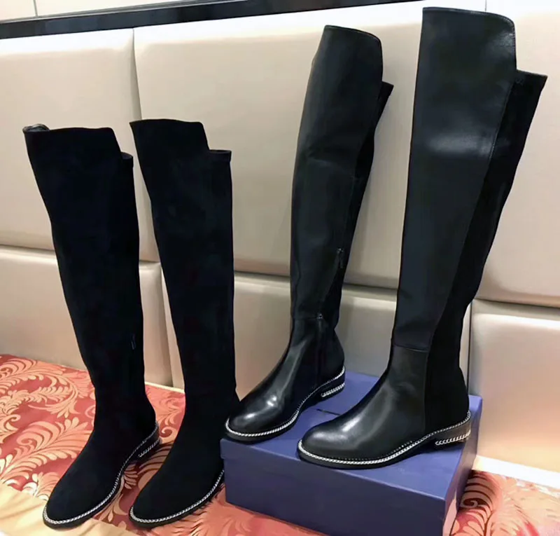

Hot Shoes Woman Over-the-knee Boots Thigh High Boots Cow Leather Casual Round Toe Boots Metal Chain Autumn Winter Mujer Boots