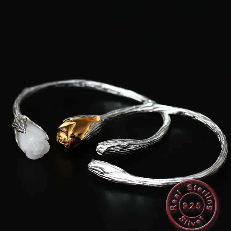 

Amxiu Handmade Natural Stone Open Bangle 925 Sterling Silver Bud Flower Bangles For Women Girl Valentine's Gift Two Tone Jewelry
